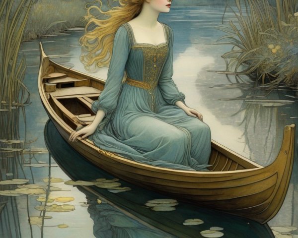 Blonde woman in blue medieval dress on boat in serene waters