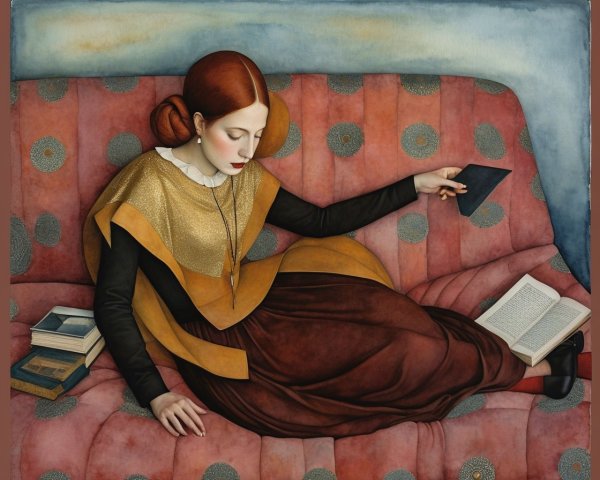 Young woman in gown on patterned couch, deep in thought