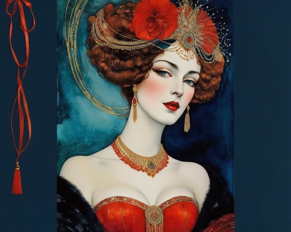 Illustrated portrait of woman with red hair, headdress, luxe jewelry on blue background