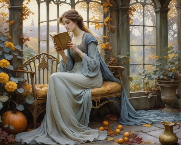 Serene Woman Reading in Sunlit Conservatory Setting