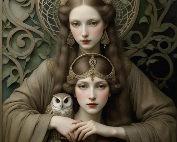 Ethereal Figures in Intricate Garments with Nature Motifs