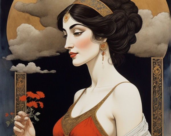 Serene Woman in Elegant Red Gown with Moonlit Backdrop