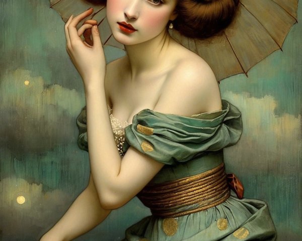 Serene Young Woman with Decorative Parasol in Moonlight