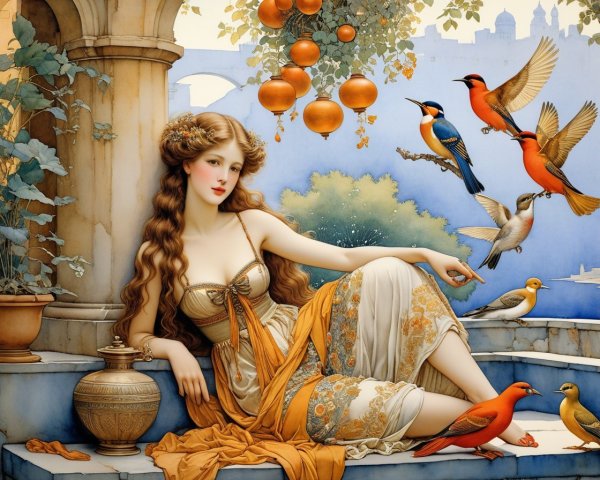 Beautiful Woman Surrounded by Colorful Birds and Nature