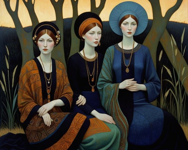 Women in a Field with Trees and Reeds Background