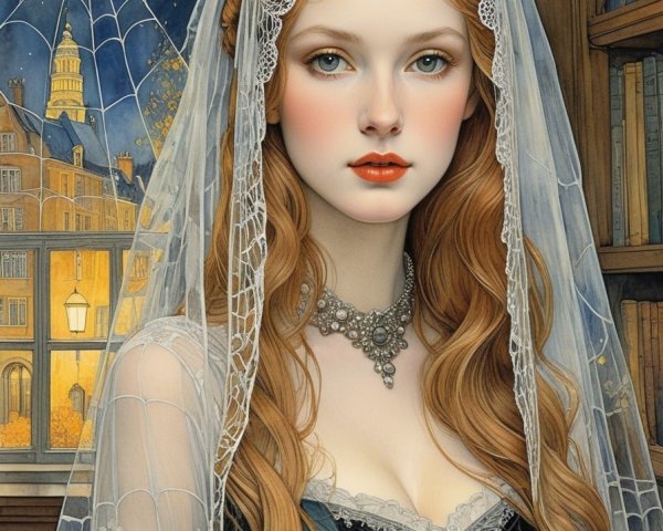 Portrait of a Woman in Vintage Gown with Veil