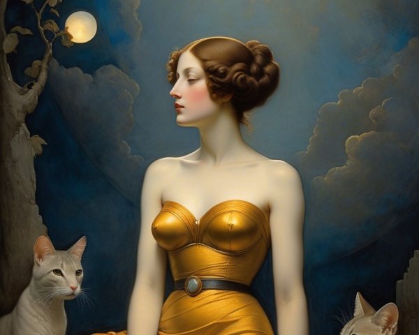 Serene woman in golden dress with elegant cats and sun