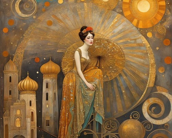Ornate golden gown figure in intricate architectural scene