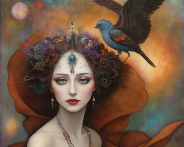 Serene Woman with Floral Crown and Vibrant Bird