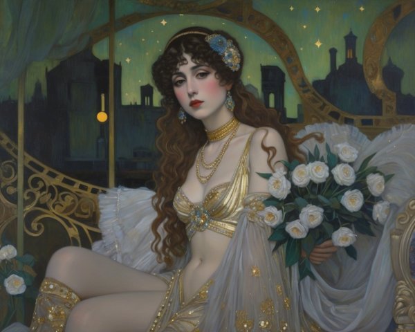 Elegant Woman in Gold Outfit with White Roses