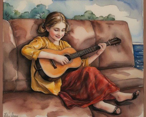 Young girl playing guitar on a sofa in nature