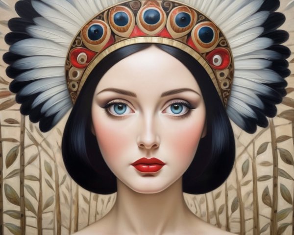 Portrait of a Woman with Feathered Headpiece and Foliage