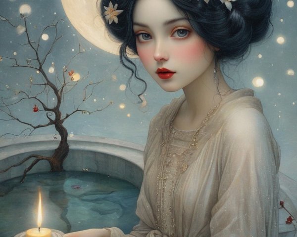 Ethereal Woman with Blue Eyes by a Moonlit Pool
