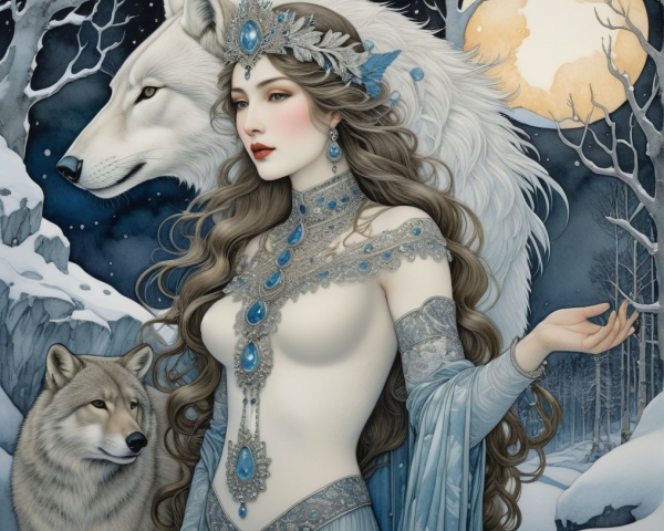 Majestic woman in winter landscape with wolves and moonlight