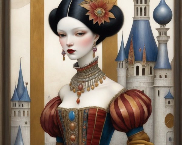Stylized woman in Renaissance dress with castle backdrop