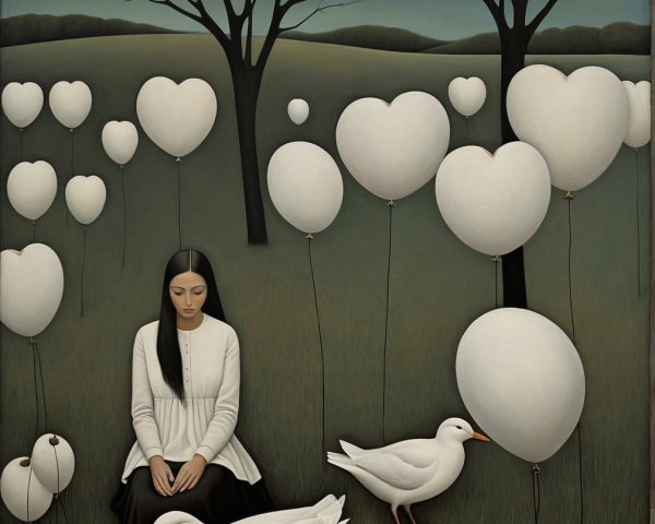 Serene Landscape with Heart-Shaped Balloons and Nature