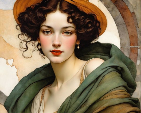 Portrait of a Woman with Curly Dark Hair and Tan Hat