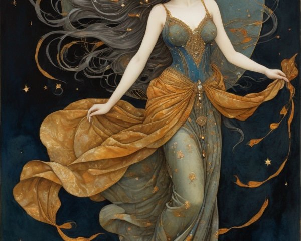 Mystical figure dancing in a starry night scene