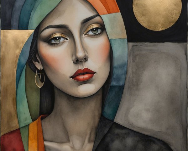 Portrait of a Woman with Vibrant Headscarf and Moon