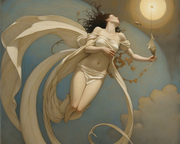 Celestial Figure in Translucent Fabrics Under Sunlight