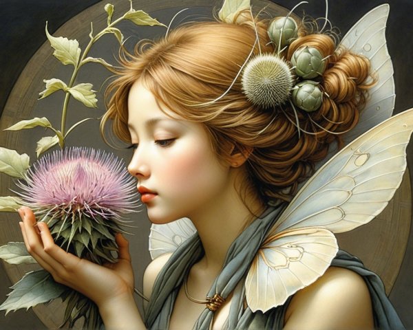 Serene Woman with Flowers and Butterfly Wings