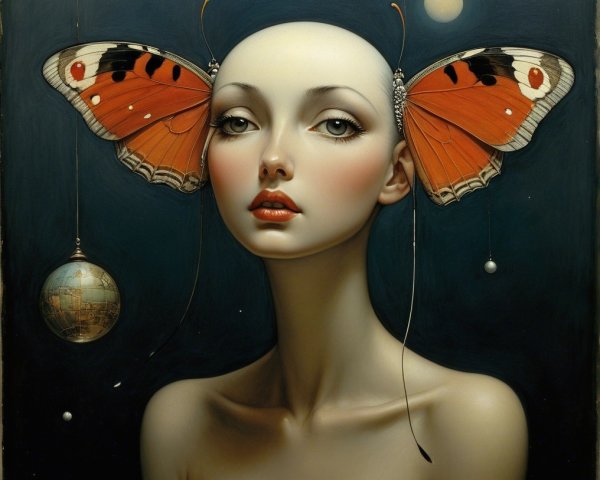 Portrait of a woman with butterflies and moonlight backdrop