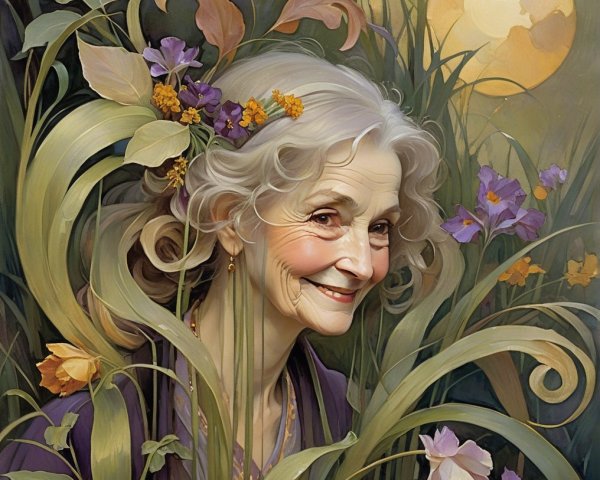 Elderly Woman Surrounded by Flowers and Moonlight