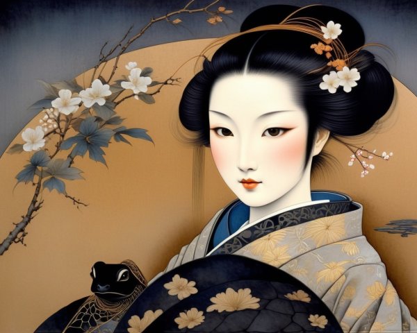 Geisha Illustration with Cherry Blossoms and Turtle