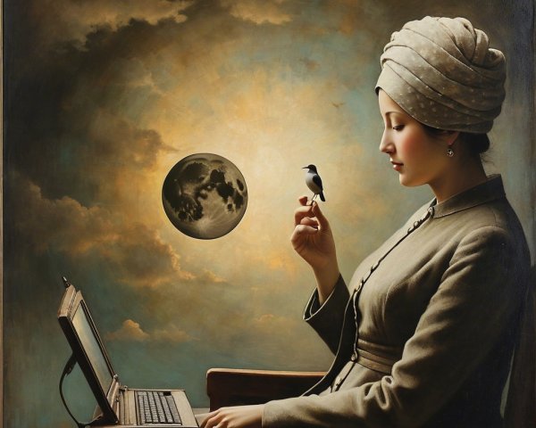 Serene Woman with Laptop and Bird Under Moonlight