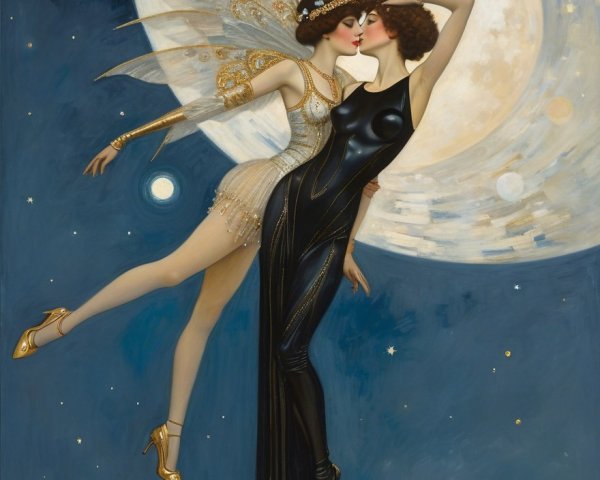 Elegant Women with Fairy Wings Embraced Under Moonlight