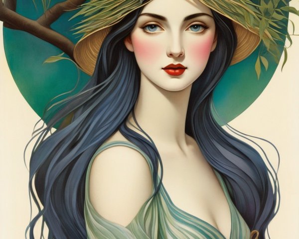 Serene Woman in Nature with Woven Basket and Hat