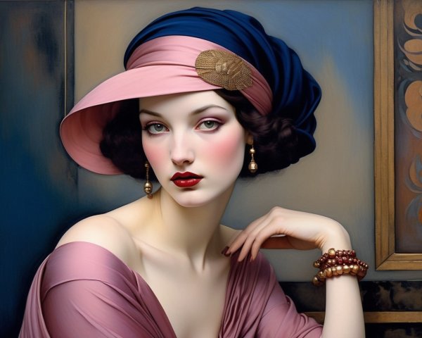 Portrait of a woman in a pink hat and mauve dress