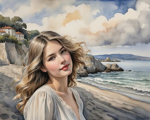 Young Woman on Serene Beach with Dramatic Sky