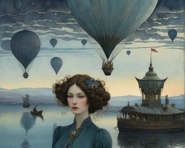 Twilight Scene with Woman and Hot Air Balloons