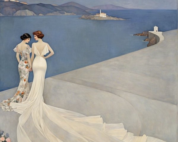 Elegant Women on Cliff Overlooking Coastal Landscape