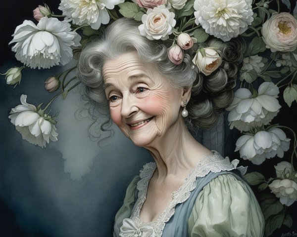 Elderly Woman with Flower Crown and Vintage Dress