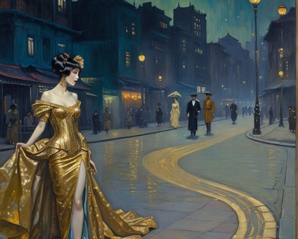 Elegant Woman in Gold Gown in Moonlit Cityscape