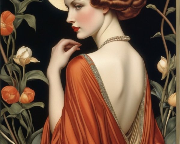 Art Nouveau style illustration of woman with halo and flowing orange dress amid flowers