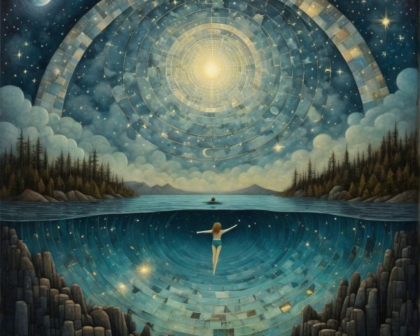 Serene Cosmic Scene with Tranquil Waters and Stars