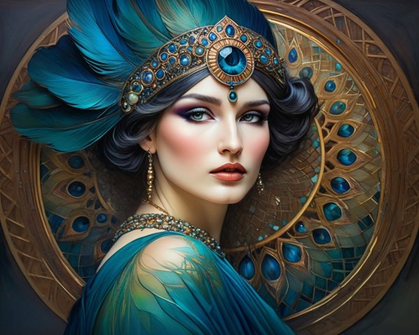 Illustration of Woman in Peacock-Themed Attire