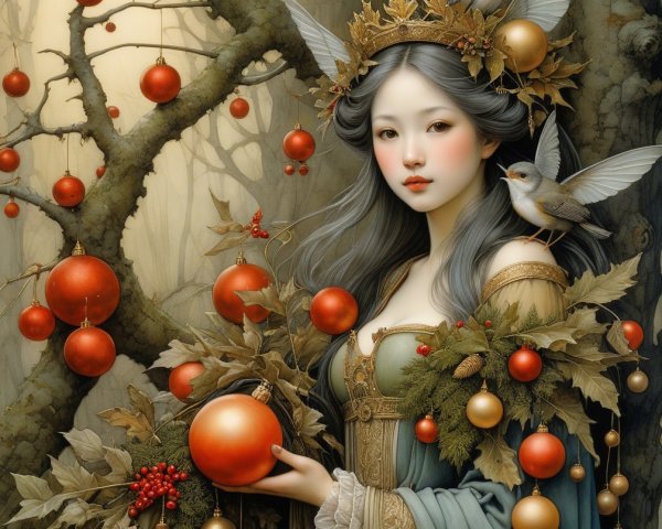 Serene Woman in Mystical Forest with Ornate Decor