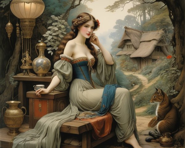 Young Woman in Gown Seated in Lush Forest Setting