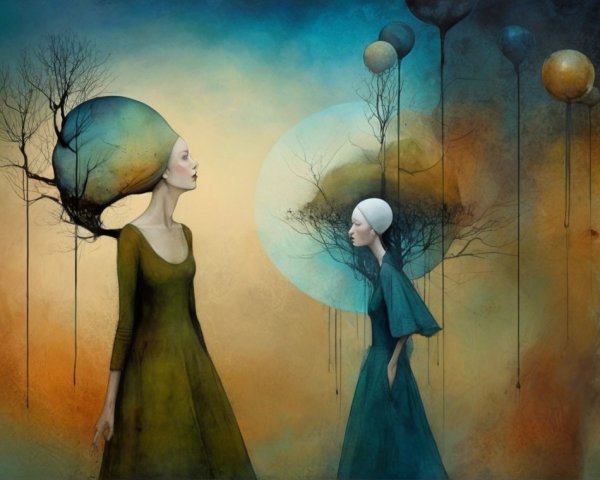 Ethereal Figures with Surreal Hairstyles in Vivid Scene