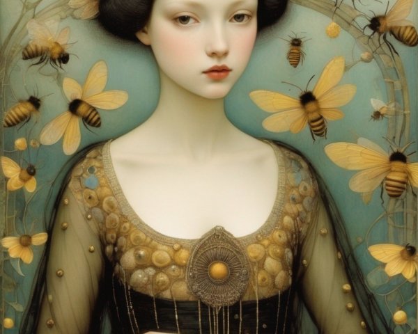 Pale Woman with Black Hair in Vintage Dress Surrounded by Bees