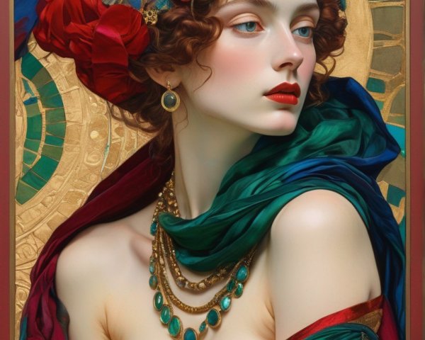 Woman in red headscarf with flower, gold dress, layered necklace on golden backdrop