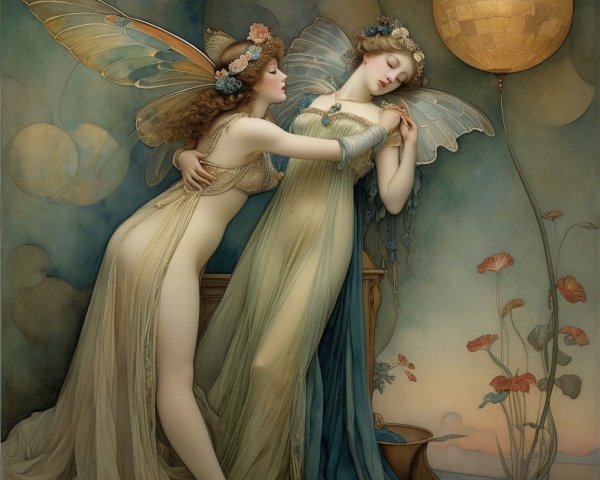 Ethereal Fairy Figures in Pastel Gowns Embracing