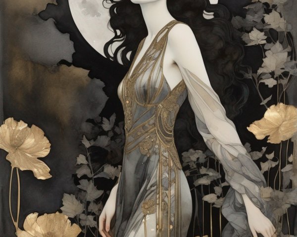 Ethereal Woman with Dark Hair in Golden Leaves Scene