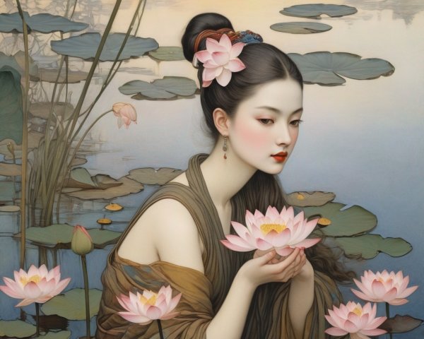 Elegant woman with flowers in hair and lotus, serene pond view