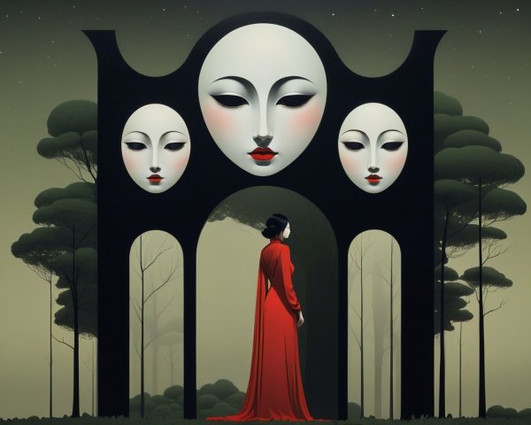 Serene Figure in Red Dress with Enigmatic Masks