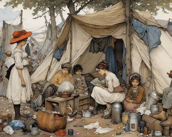 Makeshift camp scene with children and supplies